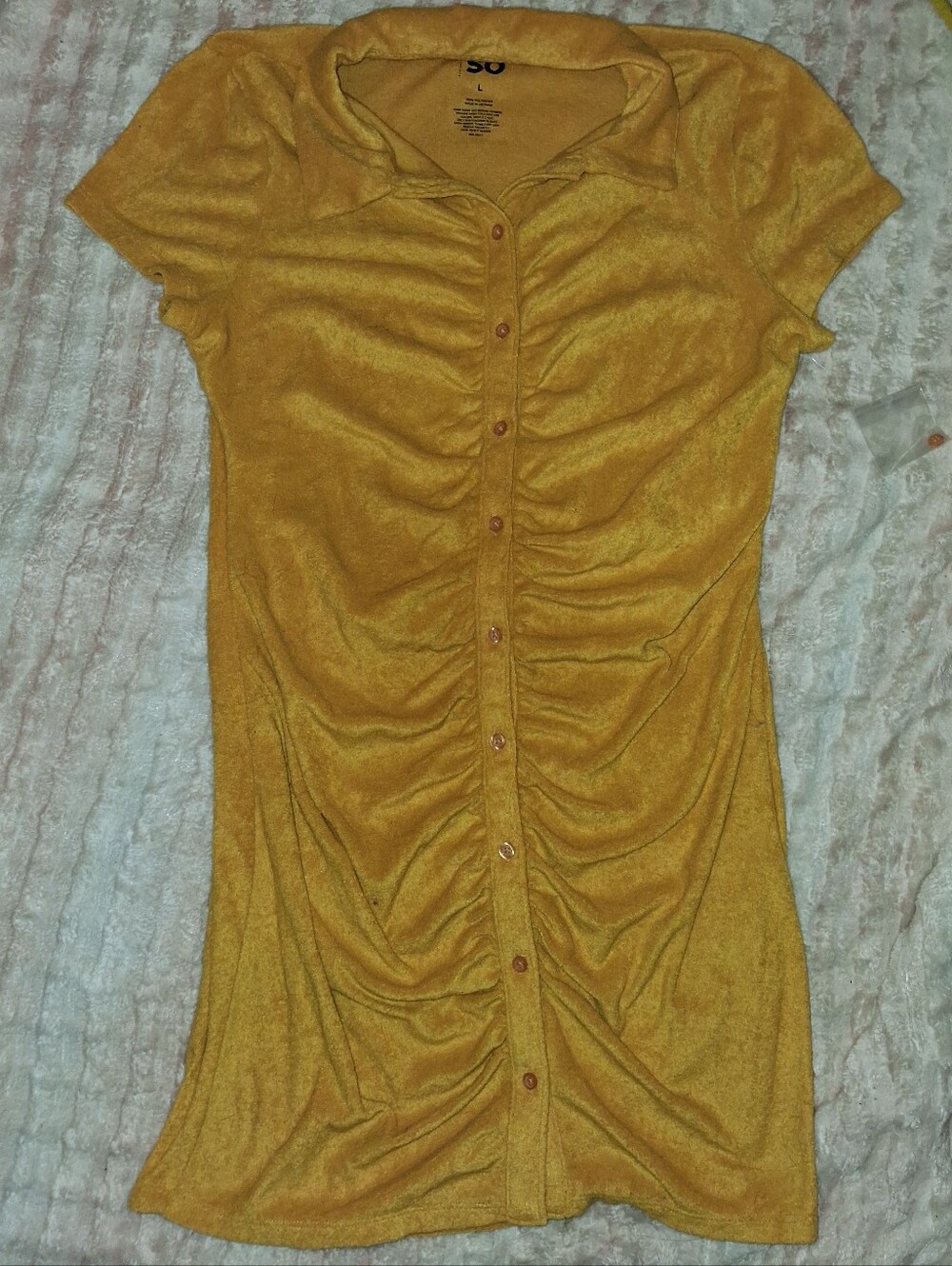 SO Mustard Ruched Button-Front Mini Dress